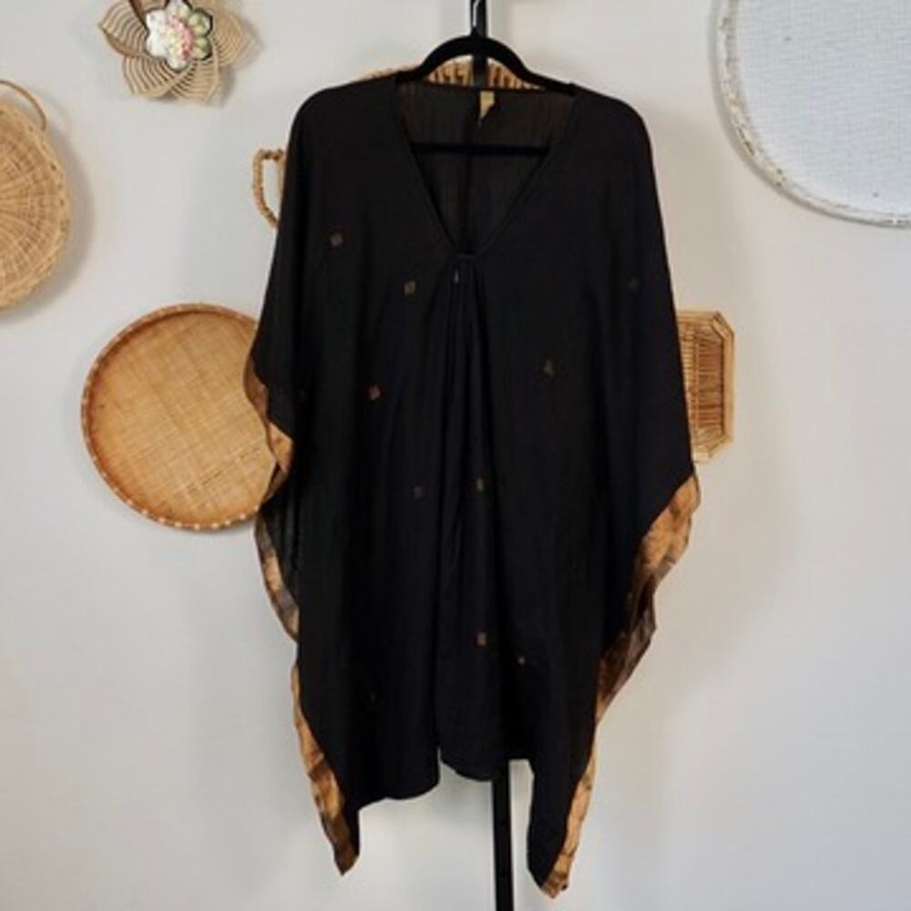 Two Metallic Border Caftan V Neck Tunic Top Black Womens‎ One Size